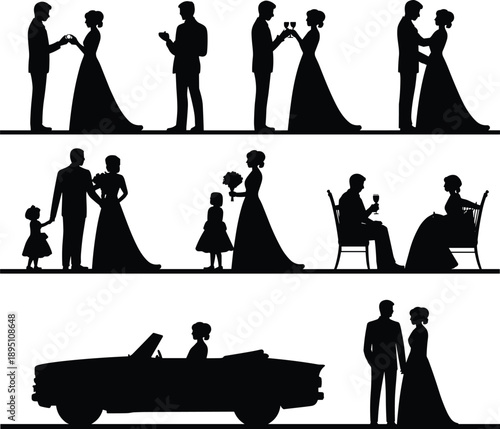 Black silhouette of bride and groom in wedding moments, exchanging rings, celebrating love, family, car ride, romantic wedding day scenes