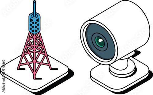 Telecommunication Tower and Webcam  Wireless Technology Devices Isometric Set