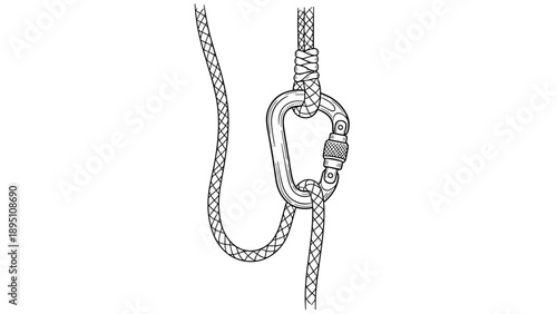Detailed drawing of climbing carabiner and rope