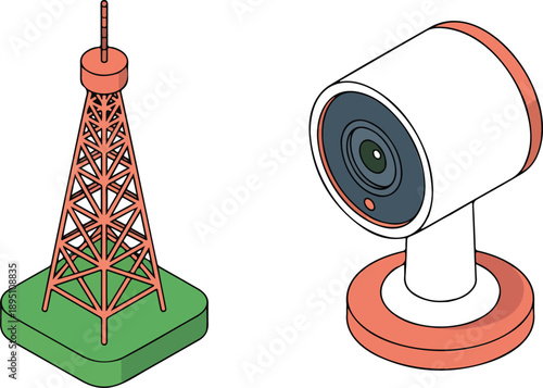 Telecommunication Tower and Webcam  Wireless Technology Devices Isometric Set