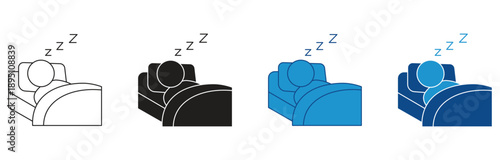 Sleeping person icon set. Deep sleep icon . Person with pillow in bed sleeping. Health, Rest and Bedtime  symbol. Vector Illustration.
