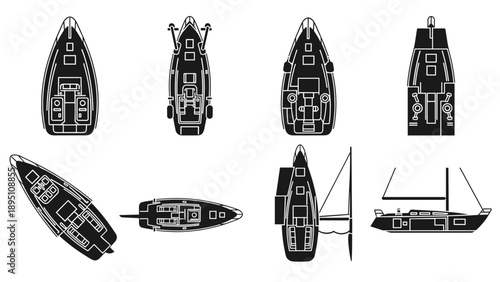 Set of yacht boat silhouettes in various angles and perspectives