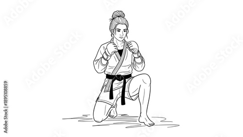Martial artist in karate pose with focused expression in black and white sketch style
