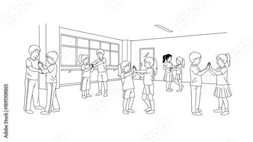 Children practicing dance moves in a classroom setting with partners