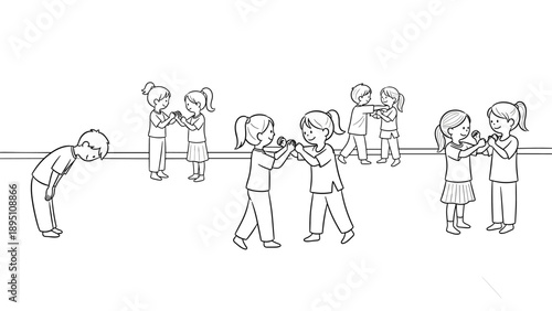 Children playing hand games indoors in a line art style