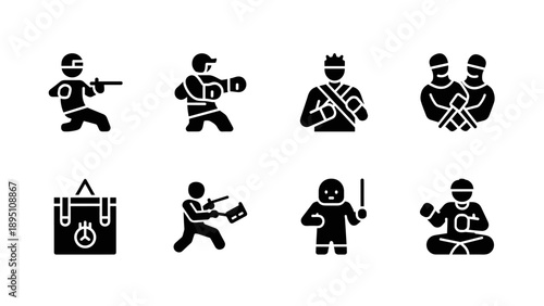 Martial arts silhouette icons: combat, karate, and self-defense graphics