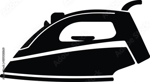 Black silhouette of modern electric iron, household steam iron icon, fabric care tool, garment smoothing device, vector illustration, home appliance