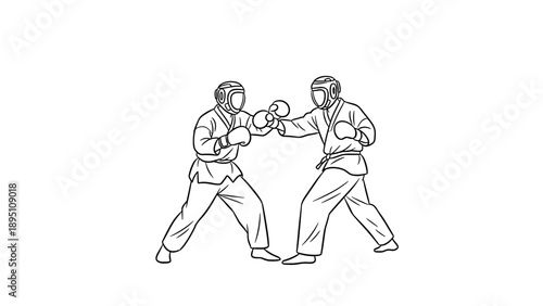 Karate sparring line art: martial arts battle in protective gear