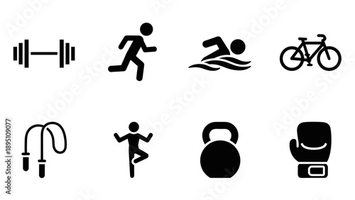 Sports icon set: fitness, cycling, running, swimming, and more activities