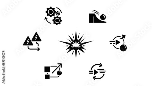 Dynamic icon set: energy, motion, and innovation symbols in black silhouette style