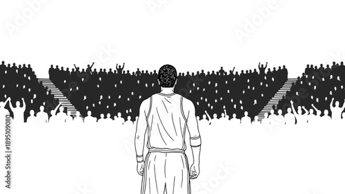 Athlete facing cheering crowd in stadium: inspiring sports moment in black and white