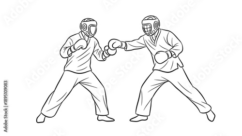 Boxers in protective gear sparring: dynamic line art depiction of martial arts