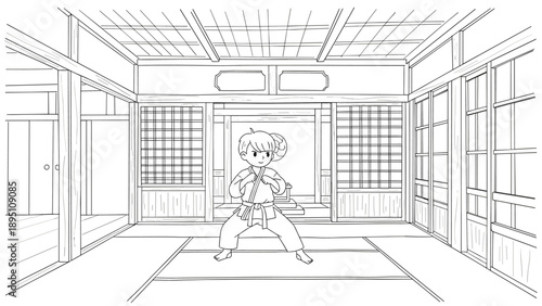 Young karate practitioner in traditional dojo setting
