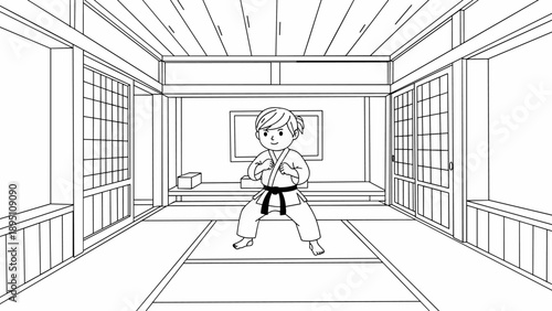 Karate practice in a traditional japanese dojo with young martial artist