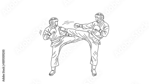Martial arts fighters in sparring match line art