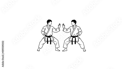Karate fighters in black belt pose facing each other in line art style