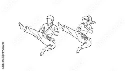 Karate sparring duo in high kick action with minimalist linear style