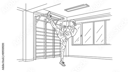 Line art depiction of athlete executing high kick in gym setting