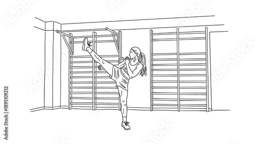 Woman practicing high kick in gym with wall bars and pull-up bar in linear style