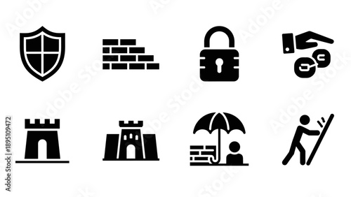 Security and protection icon set featuring shield, lock, firewall, and safety symbols