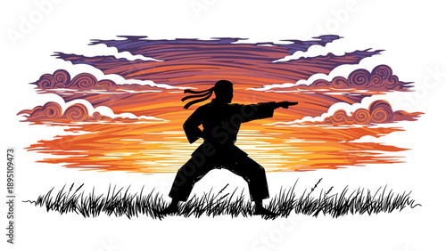 Martial artist silhouette against vibrant sunset sky