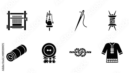 Silhouette icons of traditional textile tools and techniques