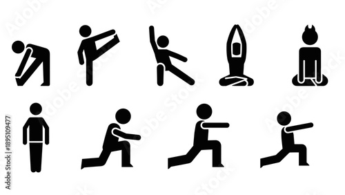 Silhouette icons of yoga and exercise poses for fitness and wellbeing design