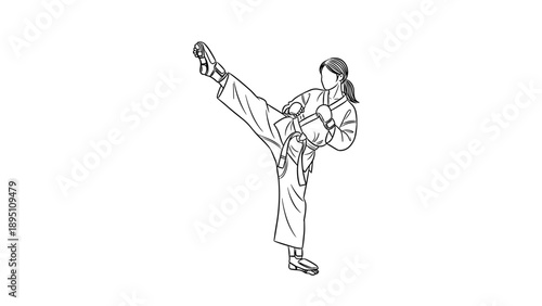 Martial arts karate kick: female athlete in high kick pose line art illustration