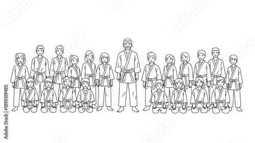 Martial arts class group portrait: sensei with students in traditional gi attire