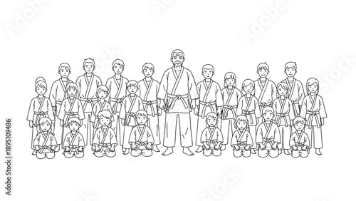 Martial arts class group portrait in black and white outline style