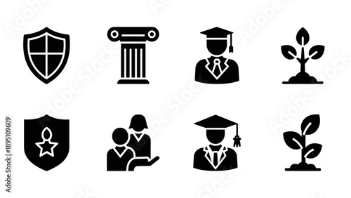 Education and growth icons: graduation, learning, and development symbols in black silhouette style