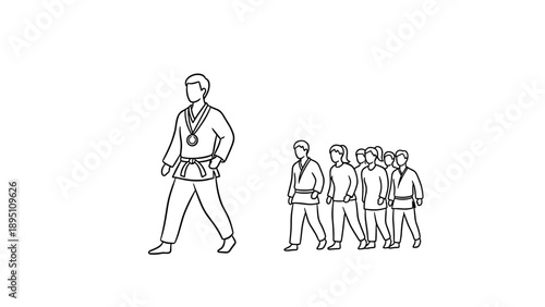 Martial arts leader guiding team in line art style