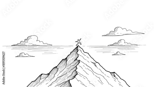 Success and achievement: climber celebrating on mountain peak in hand drawn style