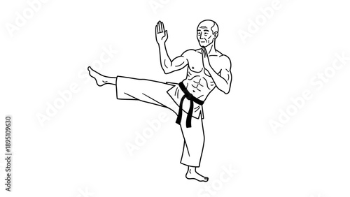 Martial artist performing high kick in karate pose line art drawing