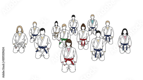 Group of people in martial arts uniforms seated in training formation