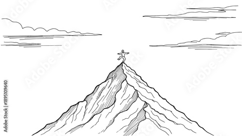 Line art mountain climber balances on peak