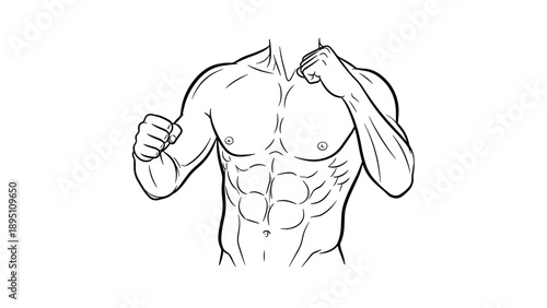 Male torso with muscular build in black and white line art