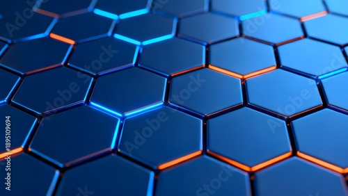 Blue hexagonal grid pattern with glowing orange and blue edges, creating a futuristic technological surface