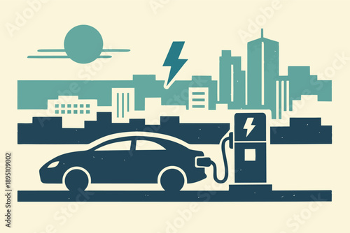 Electric car charging with renewable energy in a sustainable city landscape