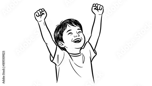 Joyful child raising arms in celebration - black and white drawing