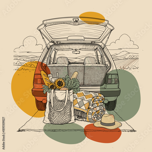 Car trunk filled with picnic items and blanket in summer landscape  