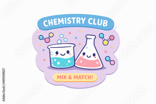 Chemistry club featuring cute beaker and flask with molecules, science education concept