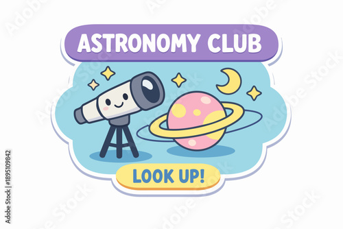 Astronomy club badge with cute telescope observing planet, stars, and moon in space