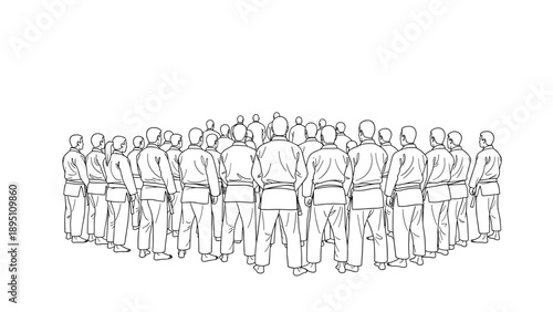 Martial arts class gathering with unified practitioners in line art style