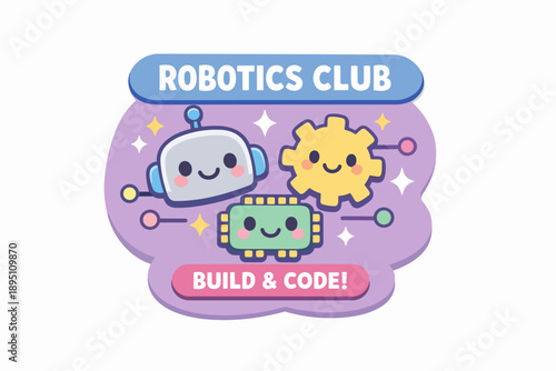 Robotics club logo with cute robot, gear, and microchip representing stem education