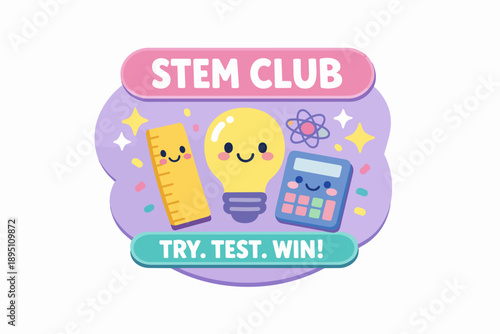 Stem club logo with cute ruler, lightbulb, and calculator representing education
