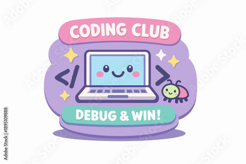 Coding club logo with cute smiling laptop and bug, representing programming education