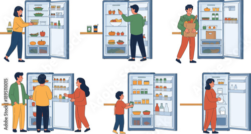 People Using Refrigerator At Home Choosing Food And Organizing Groceries Flat Vector Illustration