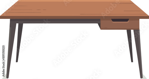 A functional brown wooden desk showcasing a practical single right drawer and sturdy dark tapered legs