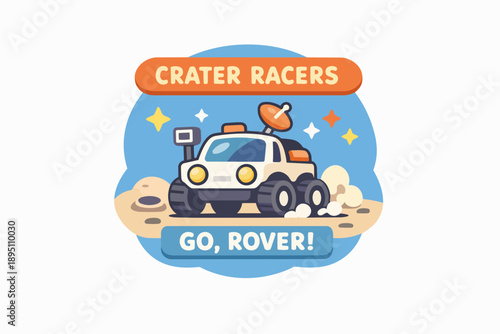 Cartoon lunar rover driving on a planetary surface, stars and craters present